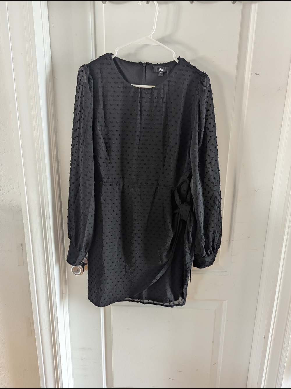Lulu's Black Textured Long-Sleeve Wrap Dress